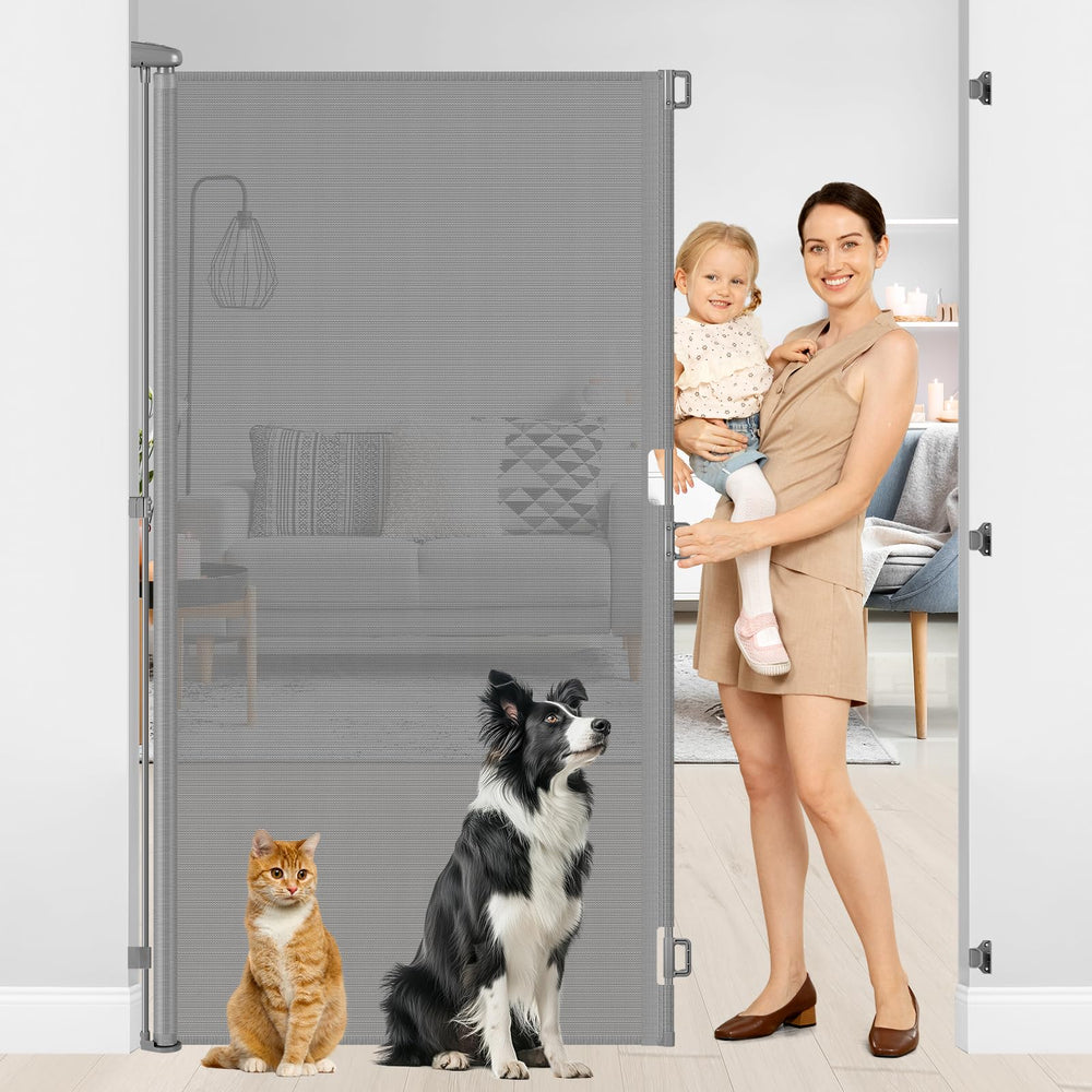 HEELALBABY 72-inch retractable gate in assembled form blocks tall pets and toddlers safely.
