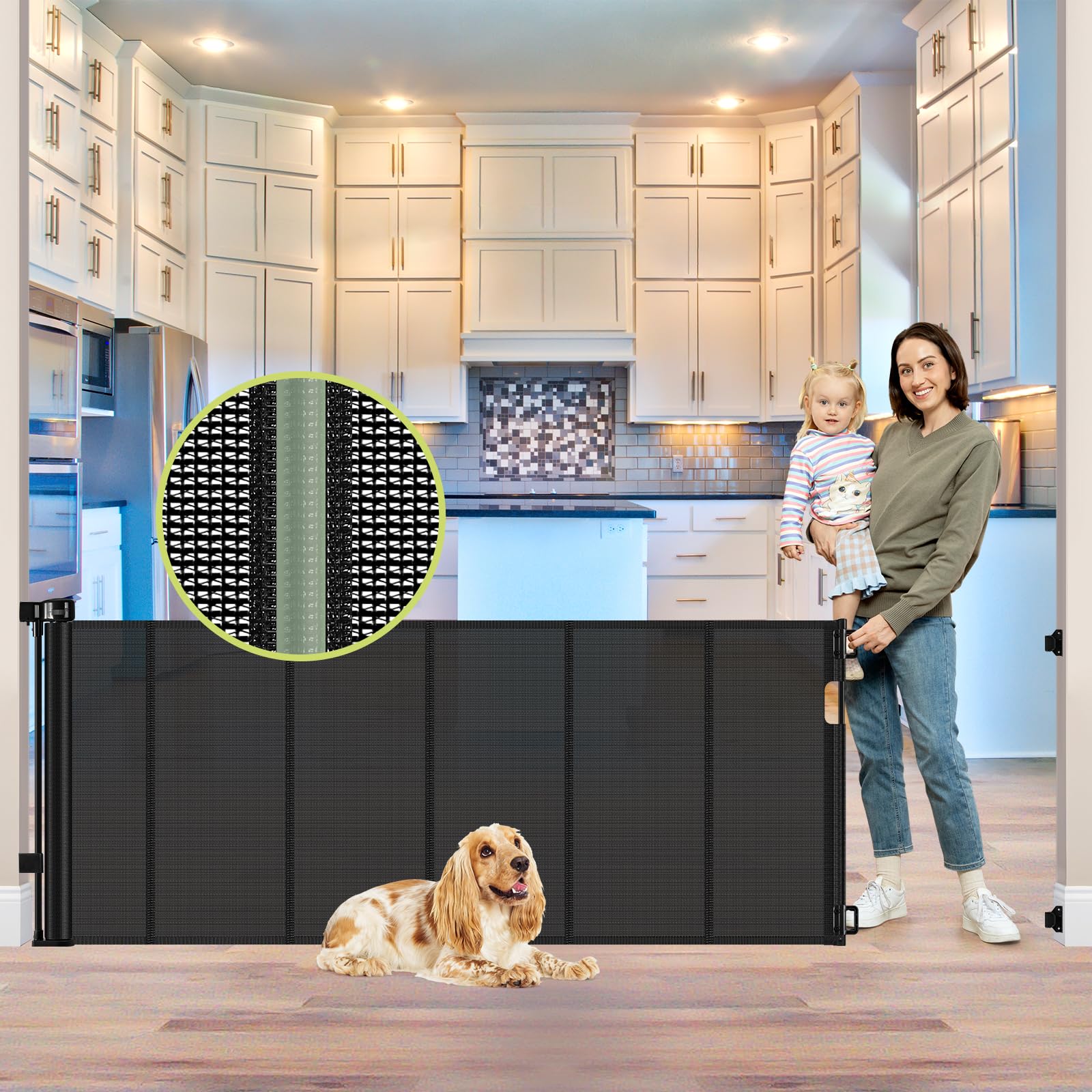 HEELALBABY reinforced 80-inch retractable gate keeps babies safe in wide openings.