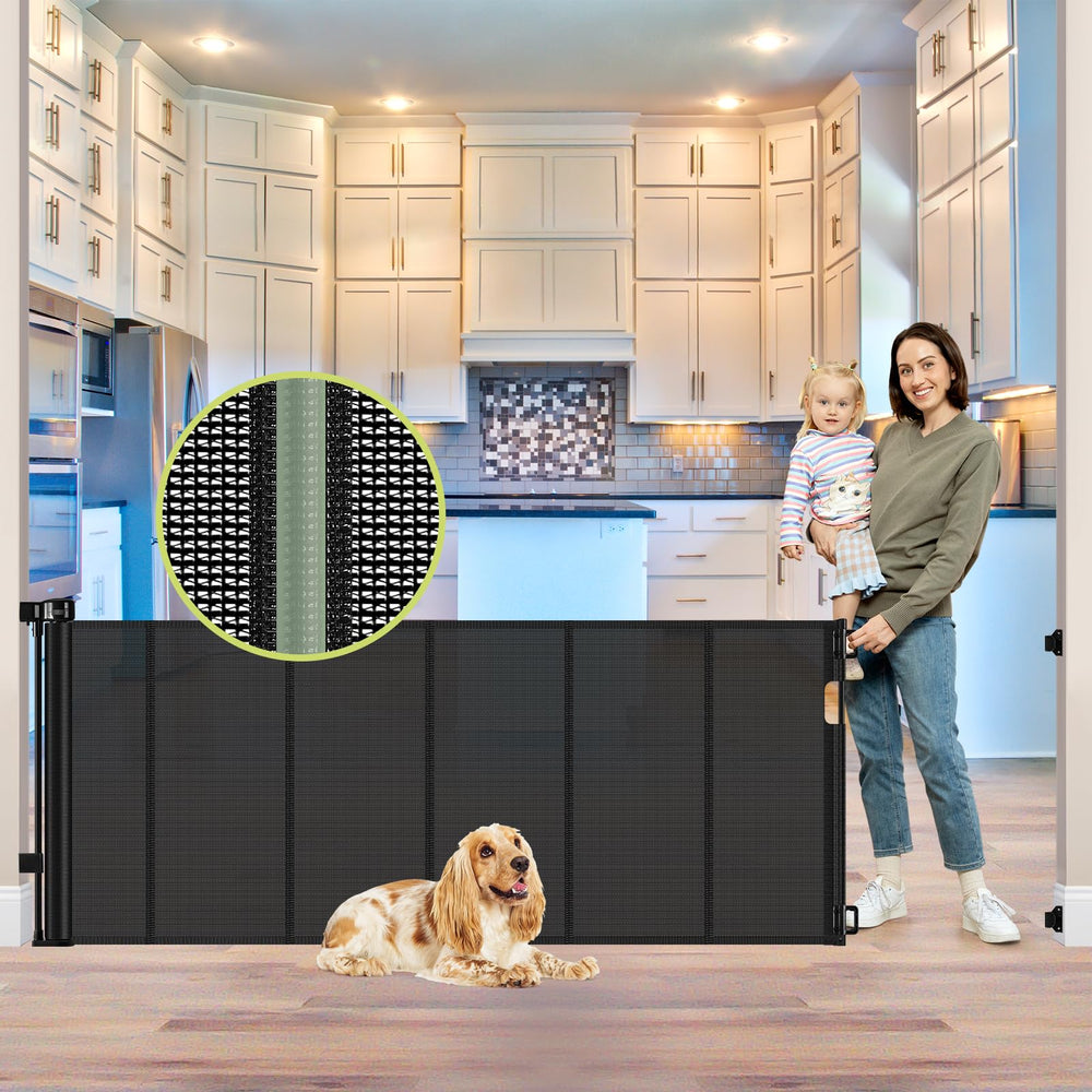 HEELALBABY reinforced 80-inch retractable gate keeps babies safe in wide openings.