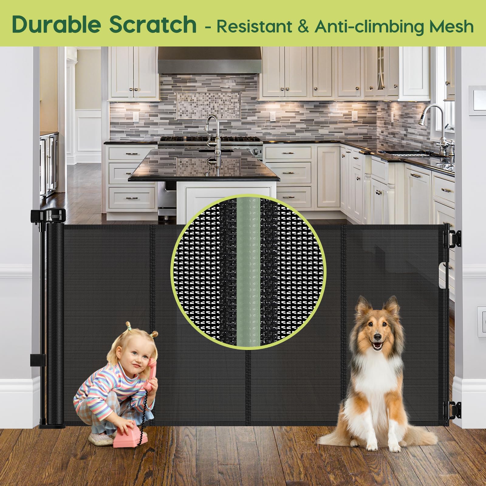 HEELALBABY 55-wide gate black finish blends with decor.