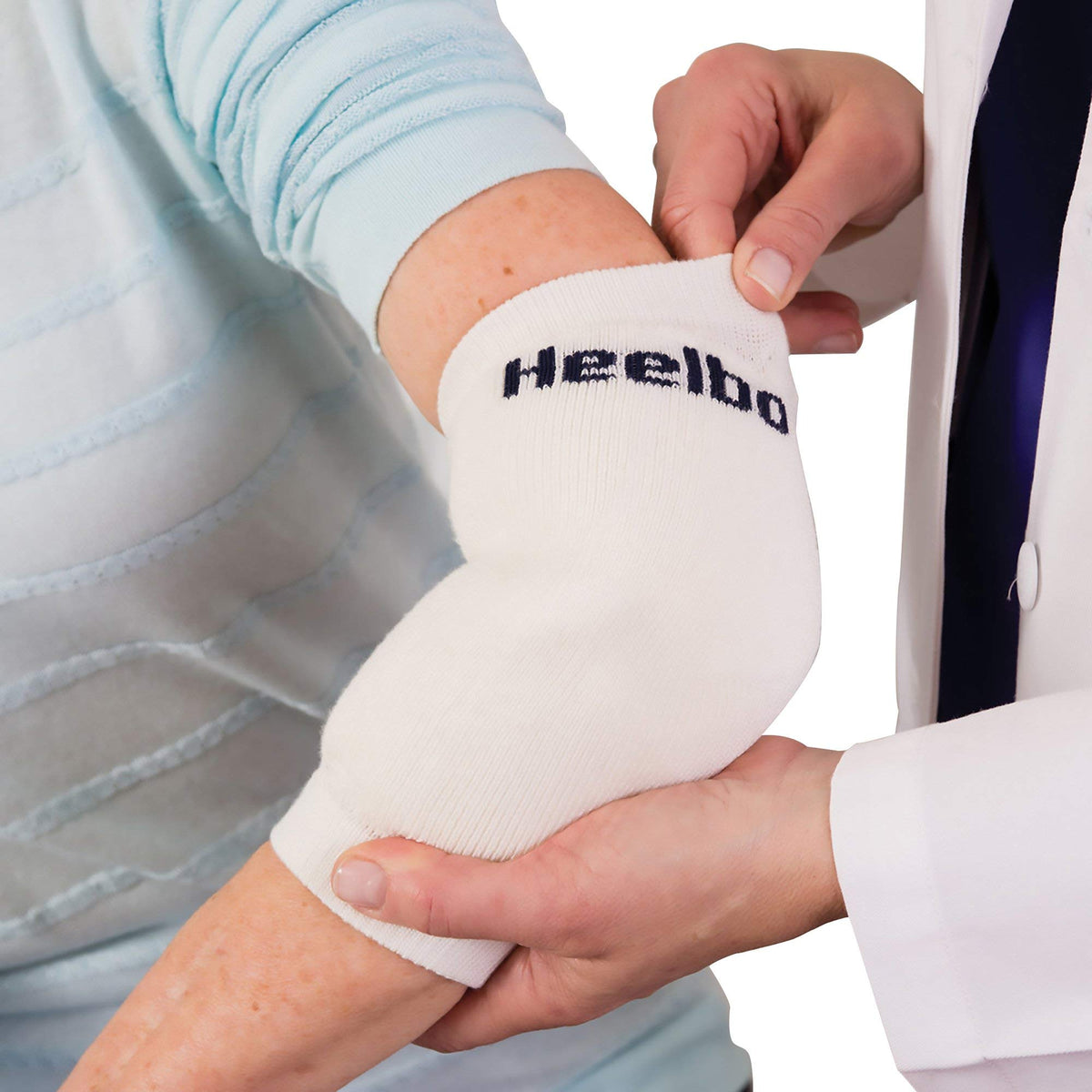 Heelbo heel-elbow protection sleeve in white, outer view showing breathable comfort.