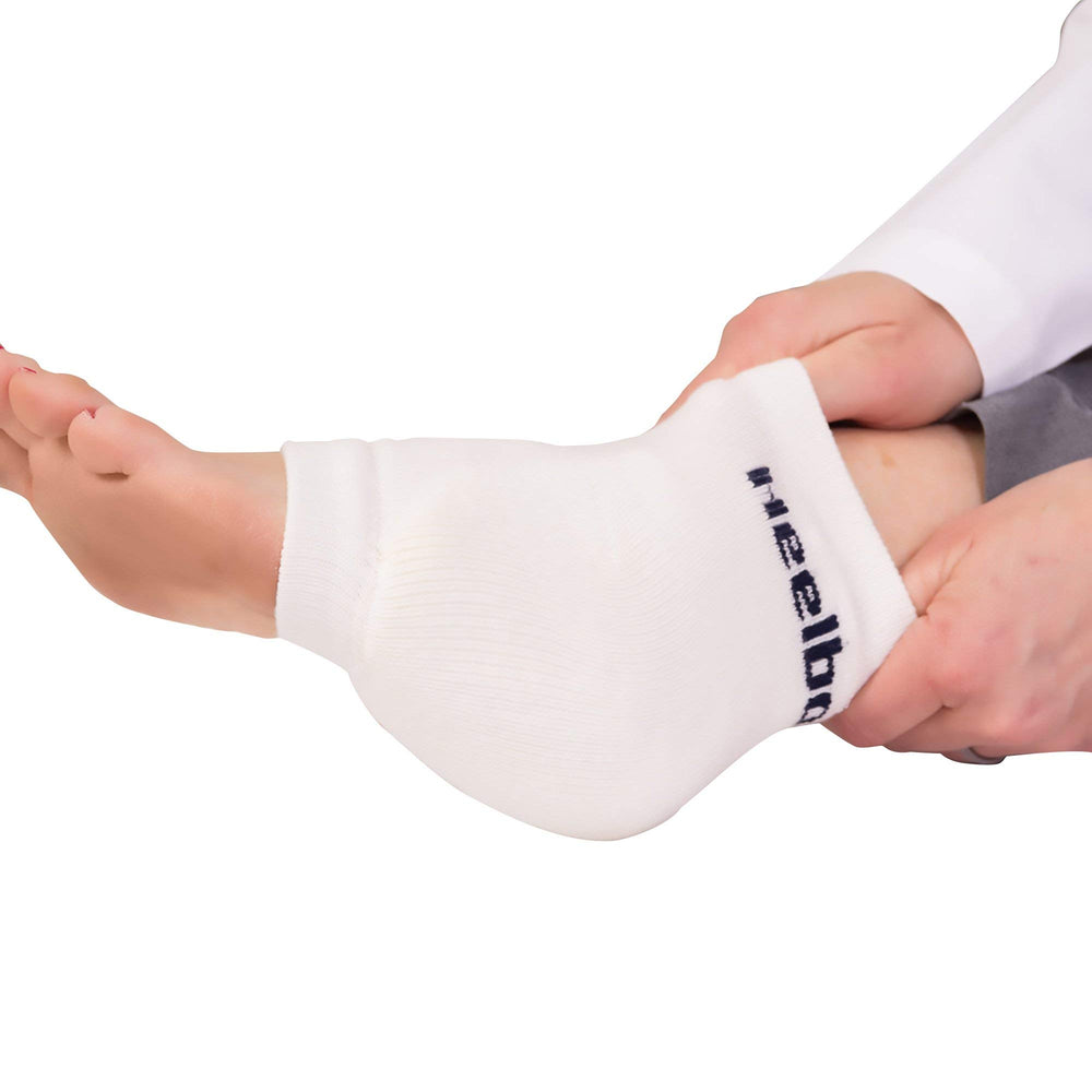 Heelbo sleeve worn on limb demonstrates secure slip-on fit.