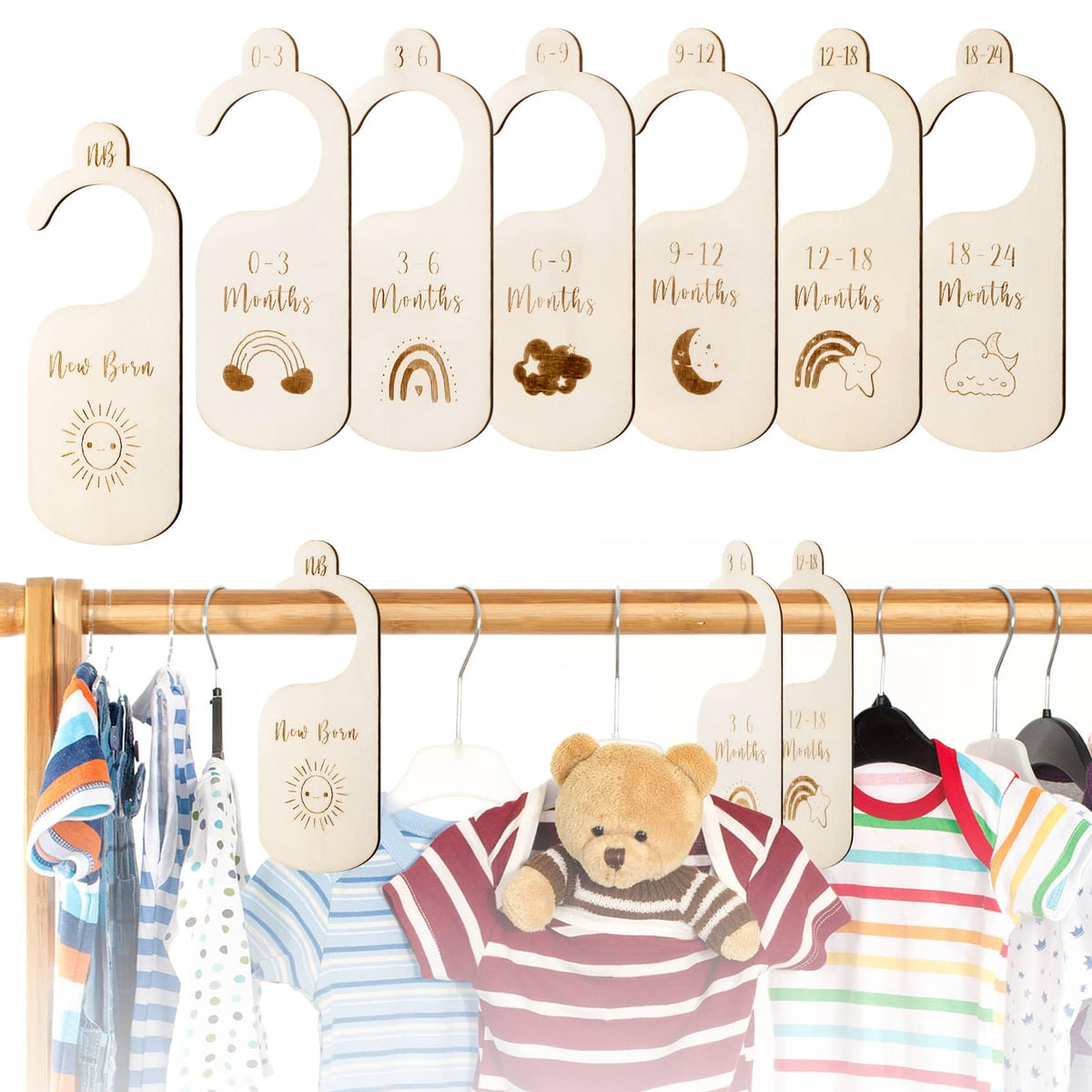 Hefild wooden baby closet dividers front view showing size sorting.