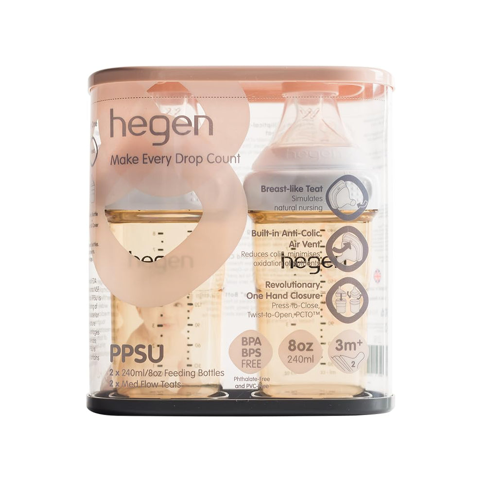 Hegen elliptical silicone teat mimics natural latch sensation.