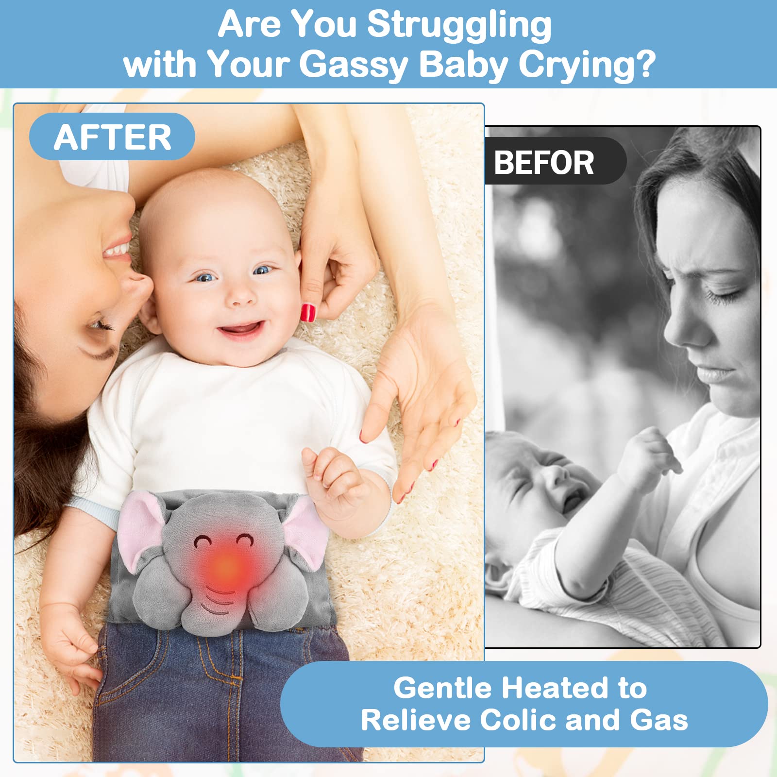 Heigoeost elephant doll on belly band distracts baby during fuss