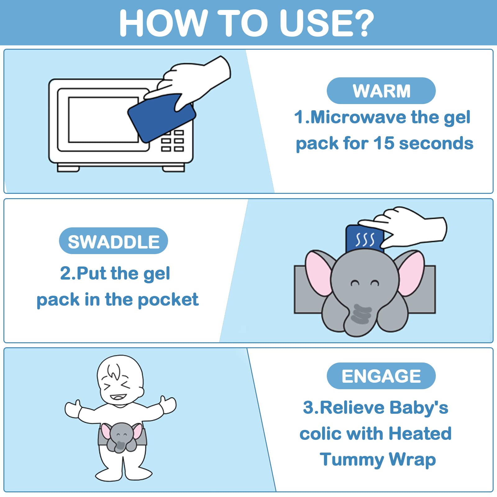 Heigoeost gel pack warming instructions demonstrating safe heat for newborn comfort