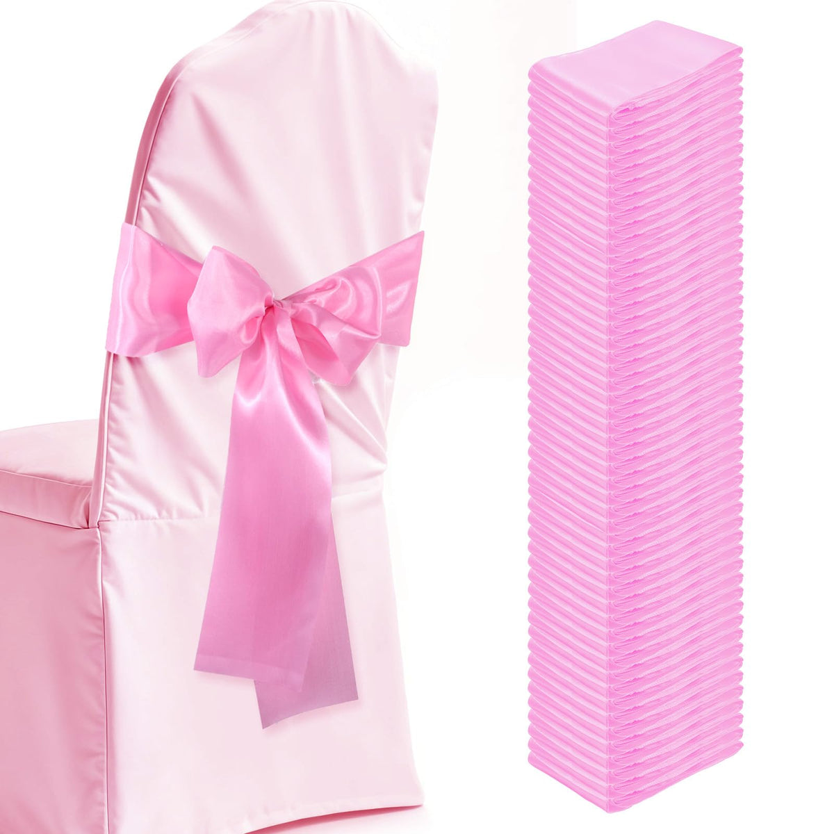 HekouJiub pink satin chair sash tied into a bow for elegant tables
