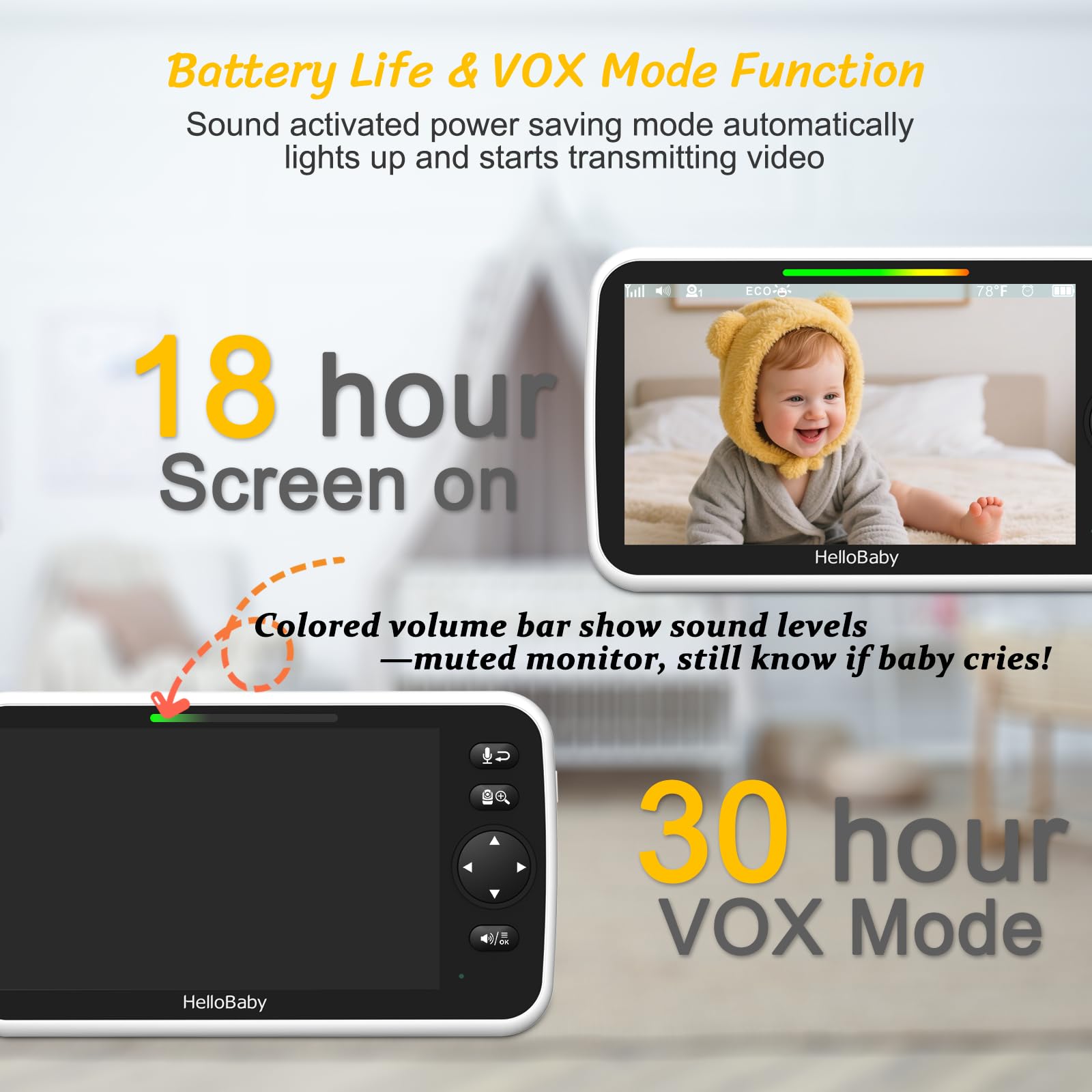 HelloBaby 30 hour battery for long monitoring and travel