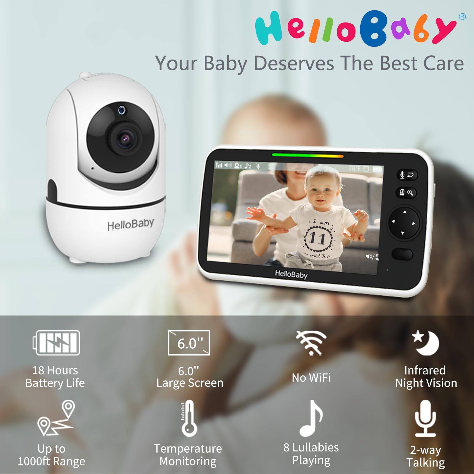 HelloBaby long battery life supports overnight monitoring and travel