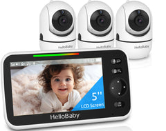 HelloBaby 5-inch monitor displaying three cameras for multi-room viewing