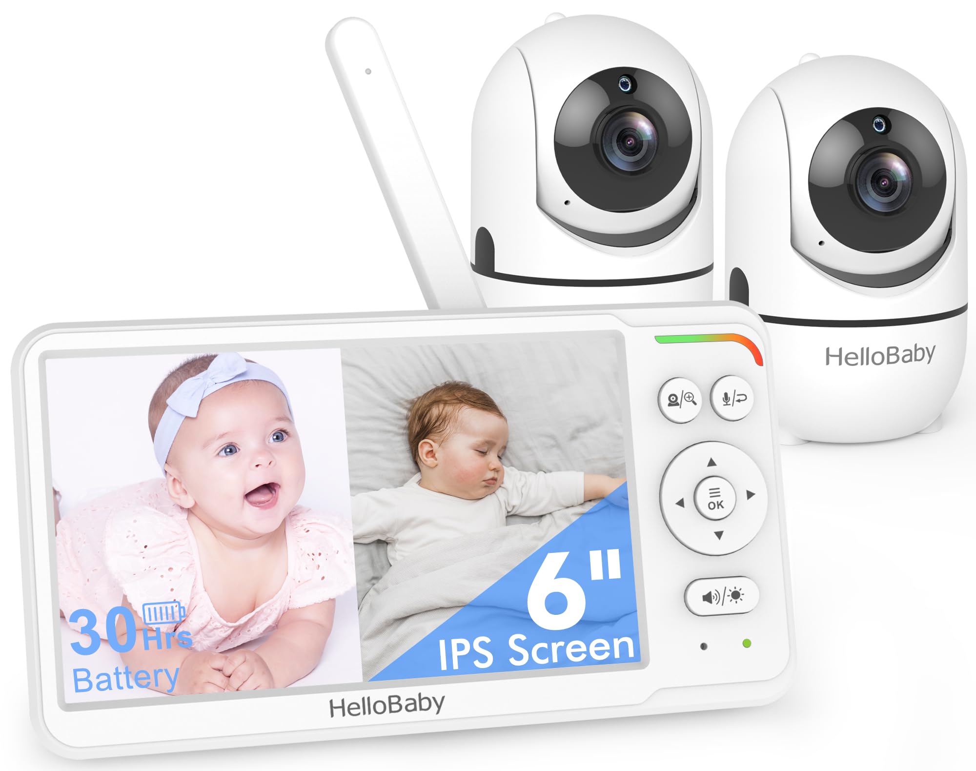 HelloBaby HB6560-2 6-inch split-screen view for twins, side-by-side monitoring.