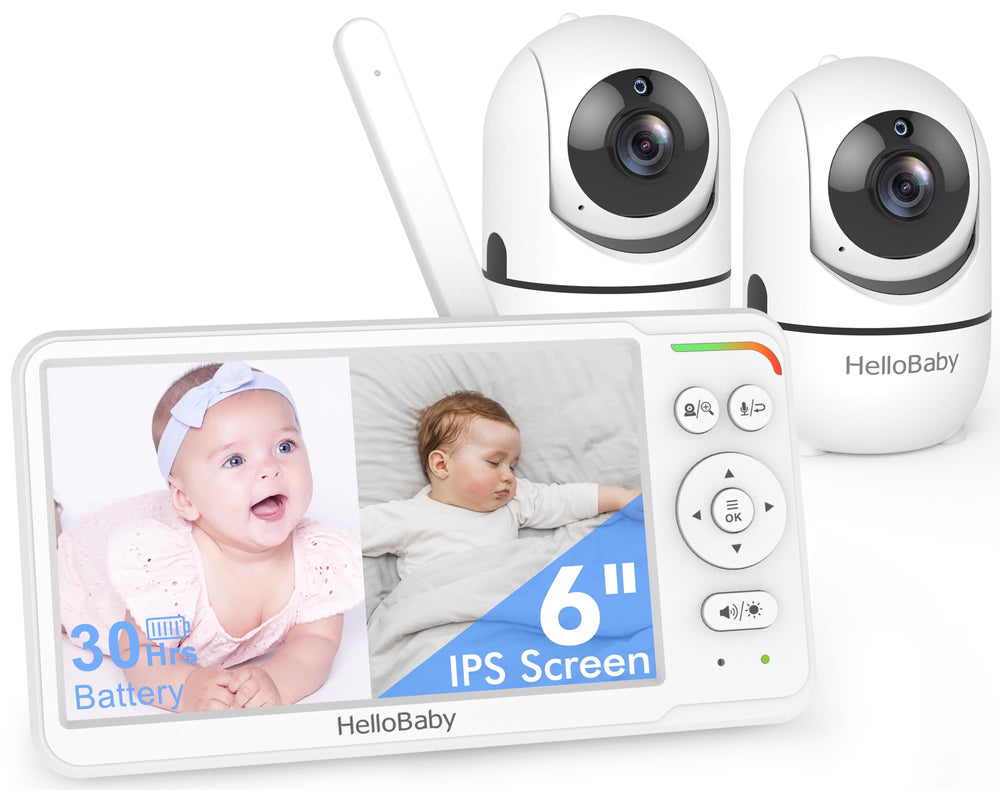 HelloBaby HB6560-2 6-inch split-screen view for twins, side-by-side monitoring.
