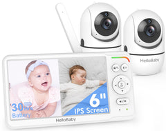 HelloBaby HB6560-2 6-inch split-screen view for twins, side-by-side monitoring.