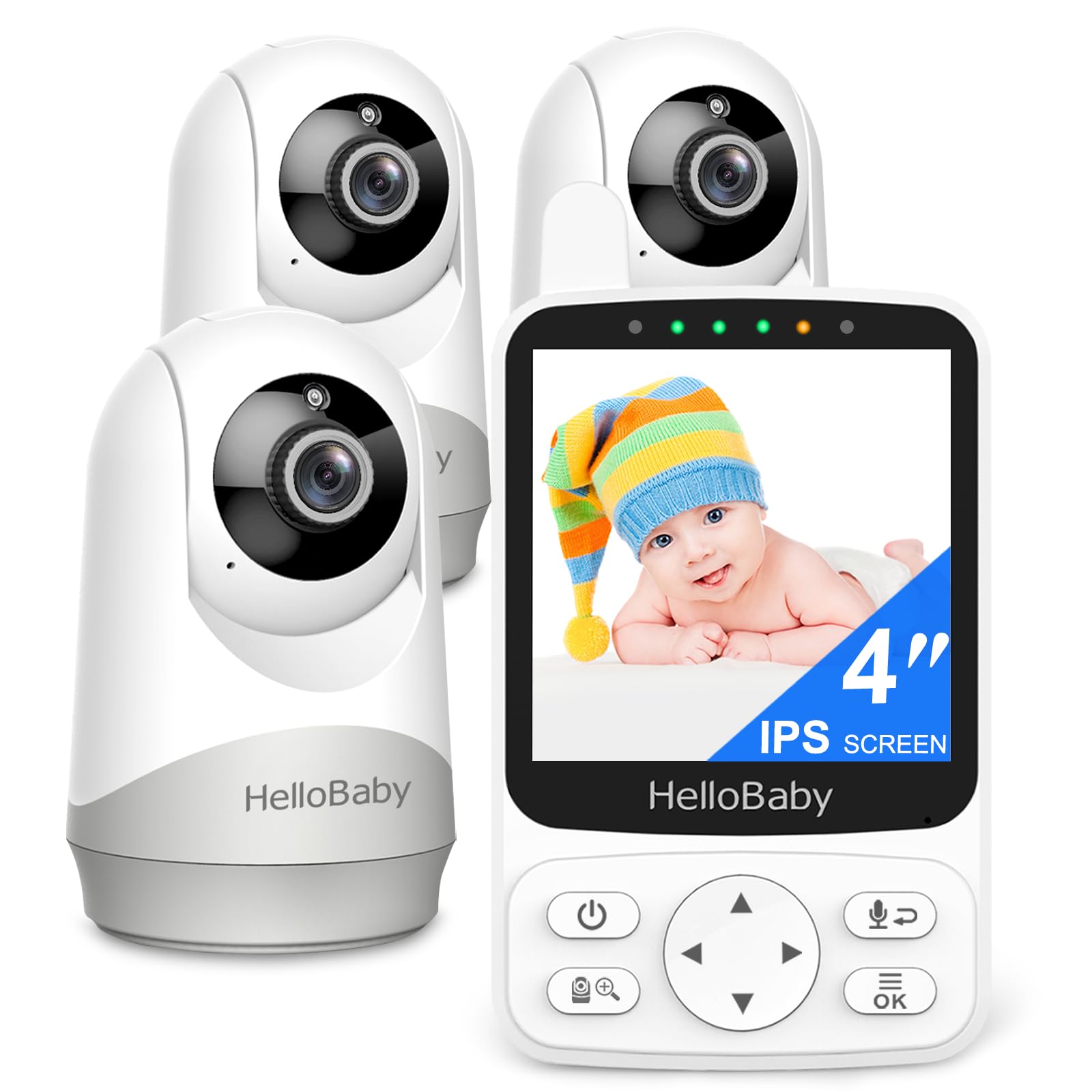 HelloBaby baby monitor PTZ rotation with three cameras offers broad visibility for newborns and toddlers.