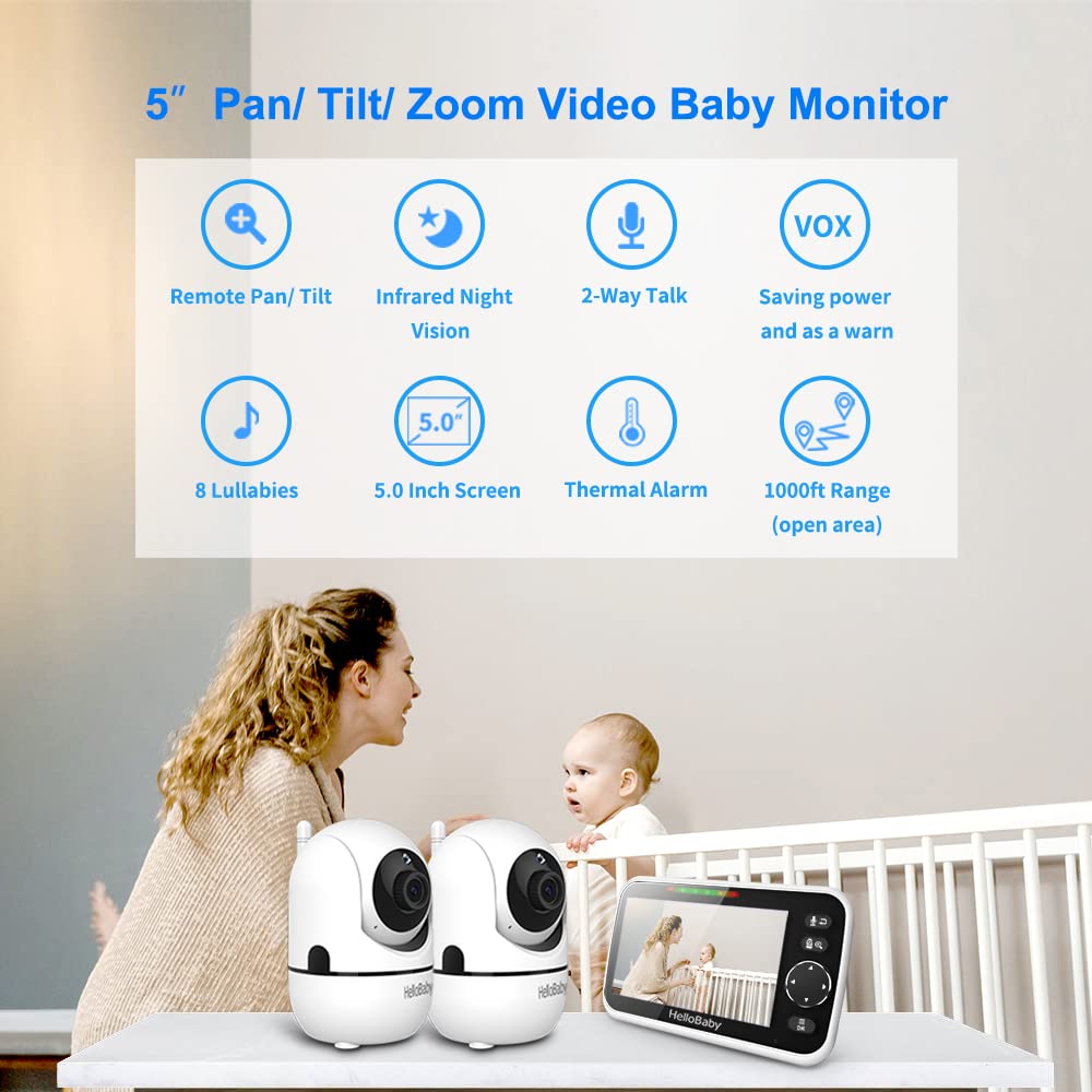 HelloBaby dual cameras PTZ dynamic view for flexible room coverage.