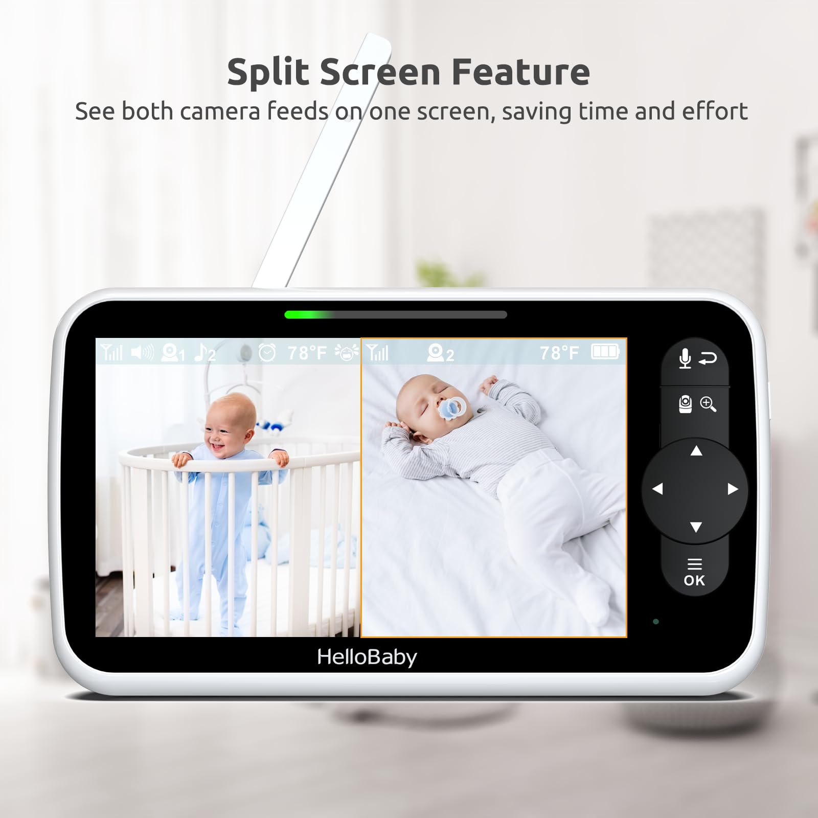 HelloBaby HB6351Plus-2 split-screen shows both camera feeds at once.
