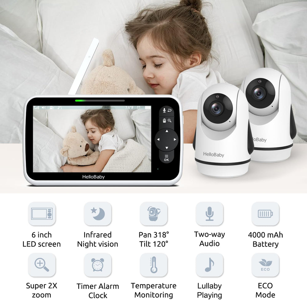 HelloBaby HB6351Plus-2 two cameras provide wider coverage of the nursery.