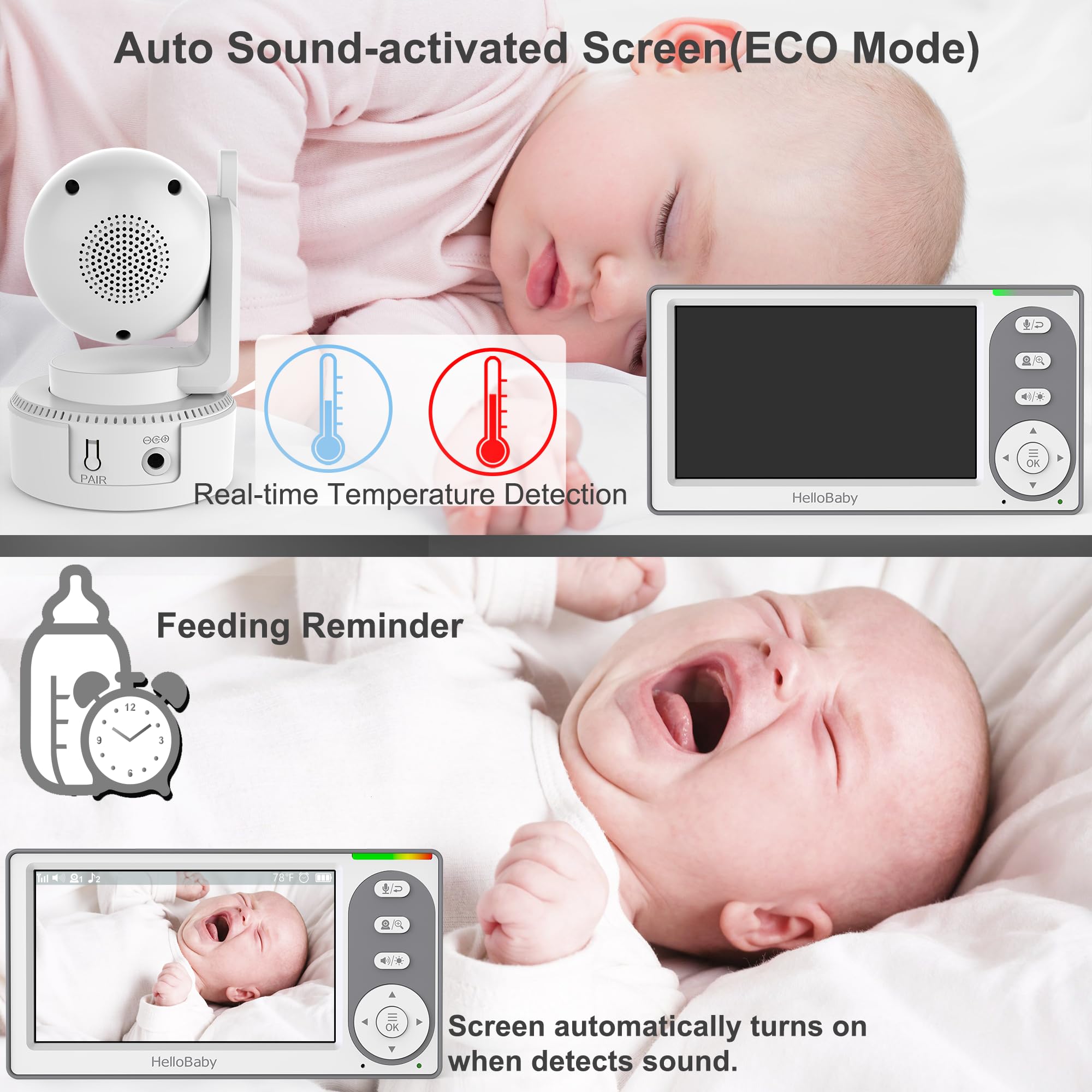 HelloBaby lullabies soothe the baby with built-in melodies.