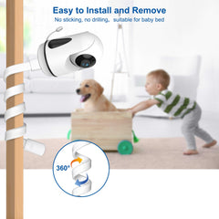 HelloBaby monitor holder attached to crib rail shows a sturdy furniture clamp.