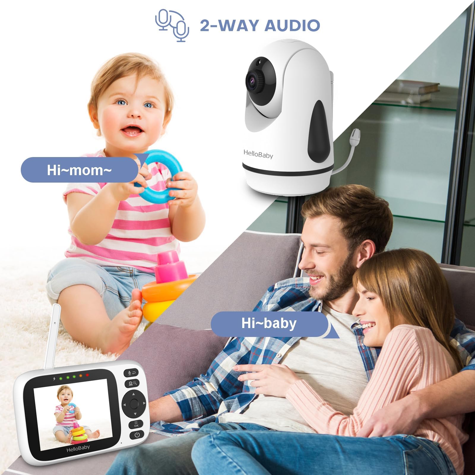 HelloBaby Monitor plays 8 lullabies to gently soothe baby.