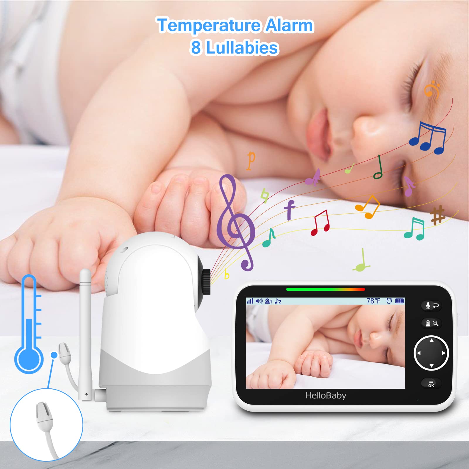 HelloBaby monitor VOX mode activates the screen on sound, saving battery.