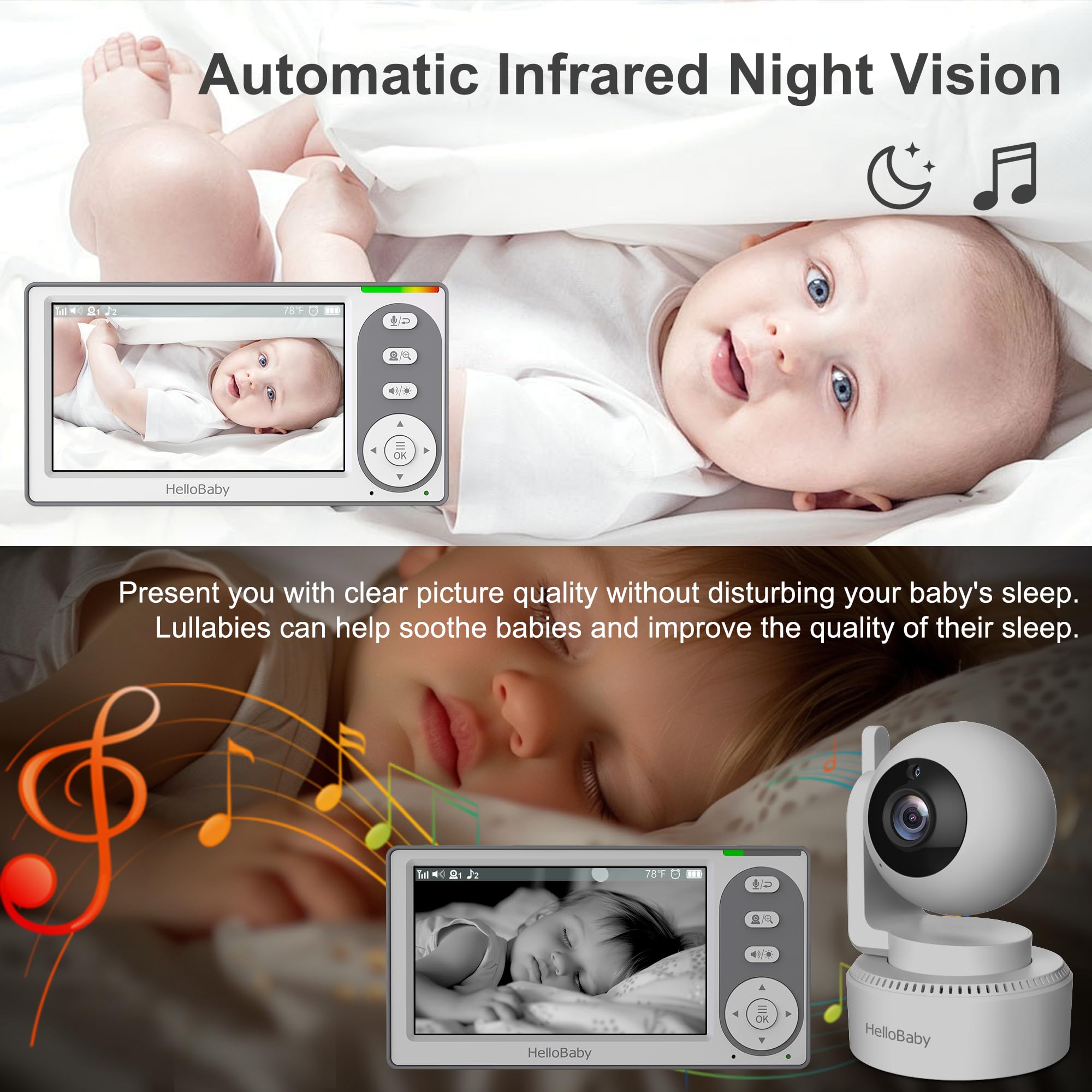 HelloBaby night vision automatically illuminates the nursery in low light.
