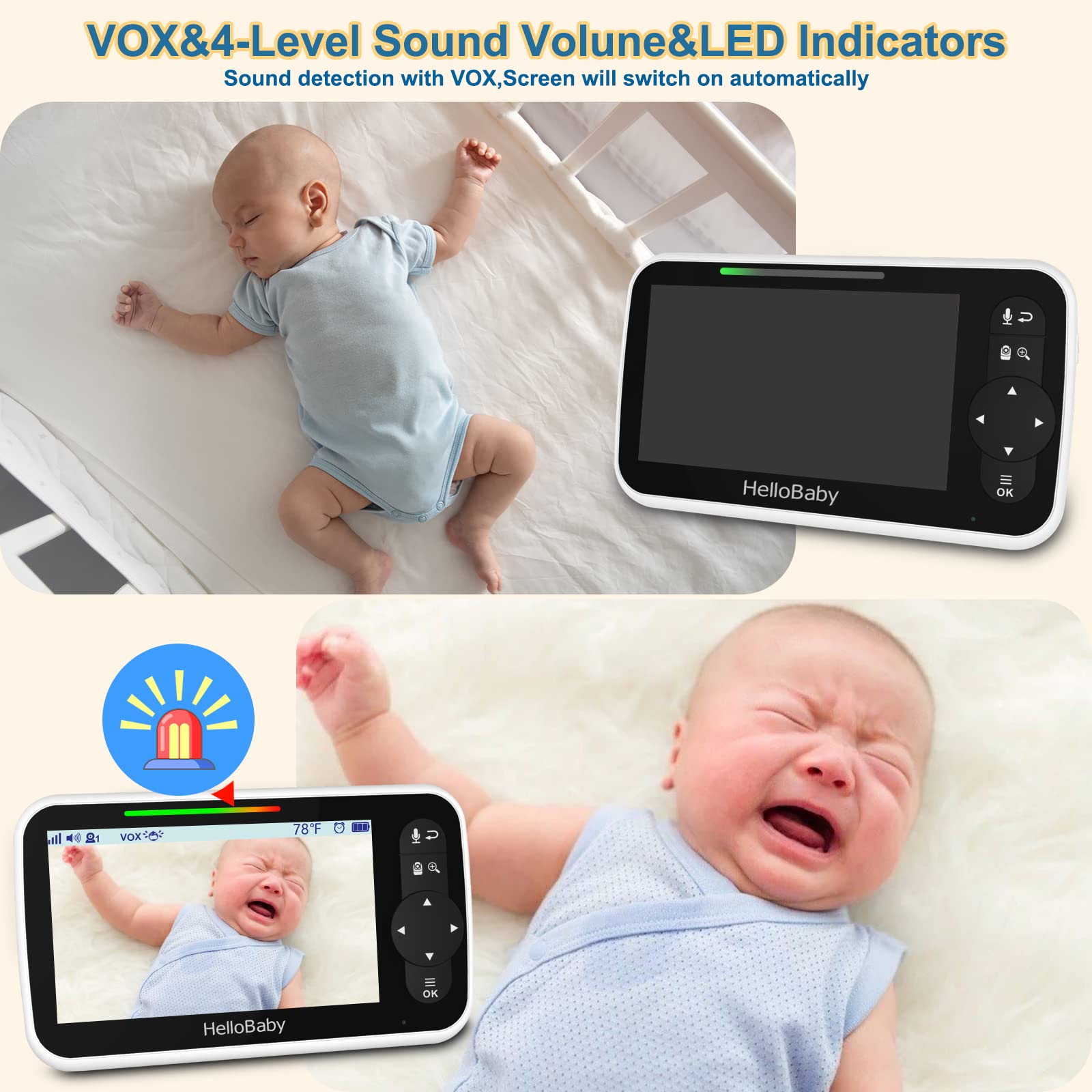 HelloBaby rechargeable parent unit providing mobility around the home.