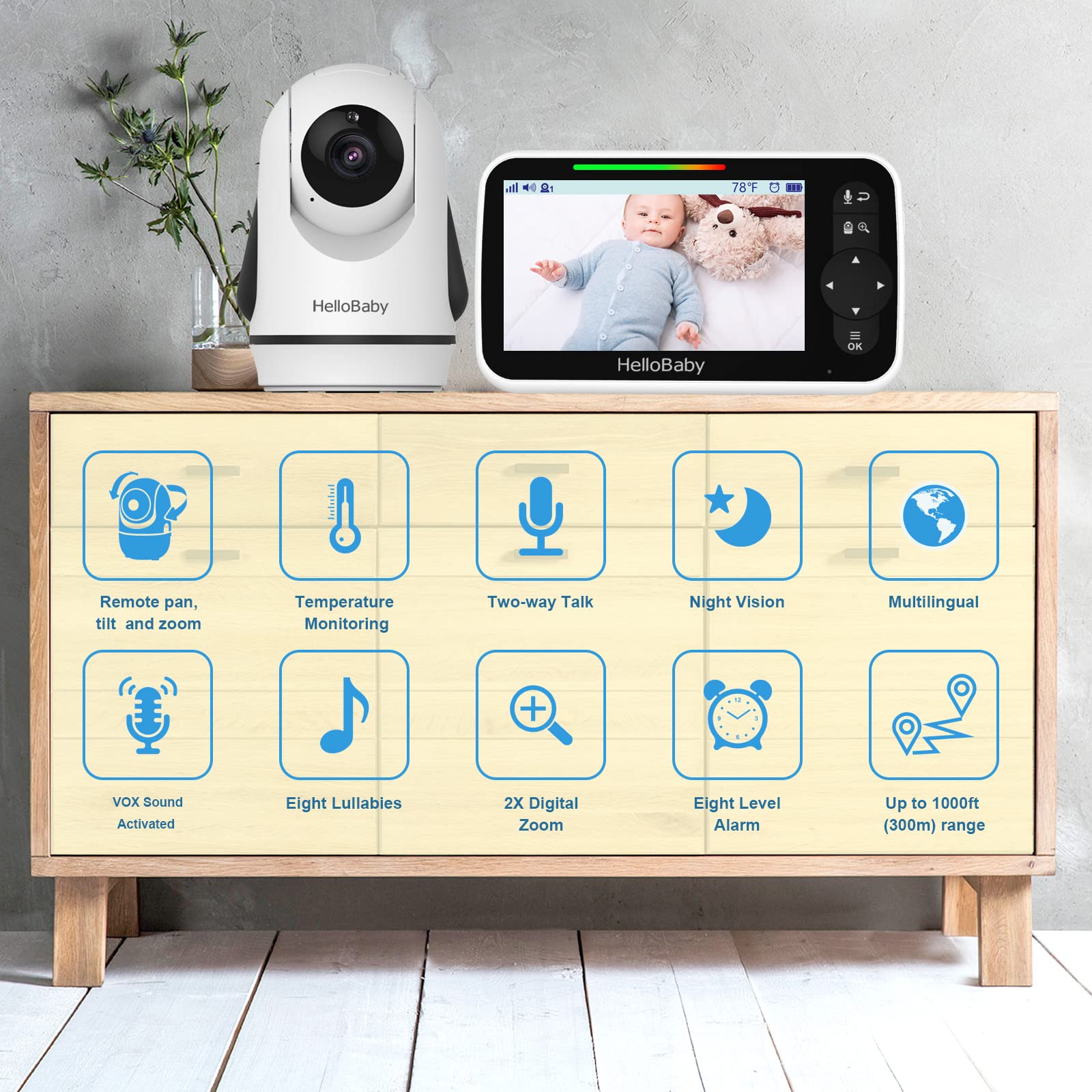 HelloBaby remote pan-tilt-zoom camera for full room coverage.