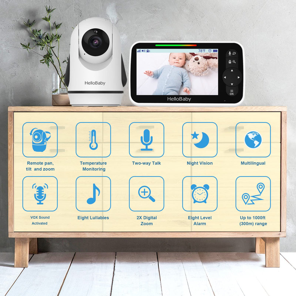 HelloBaby remote pan-tilt-zoom camera for full room coverage.