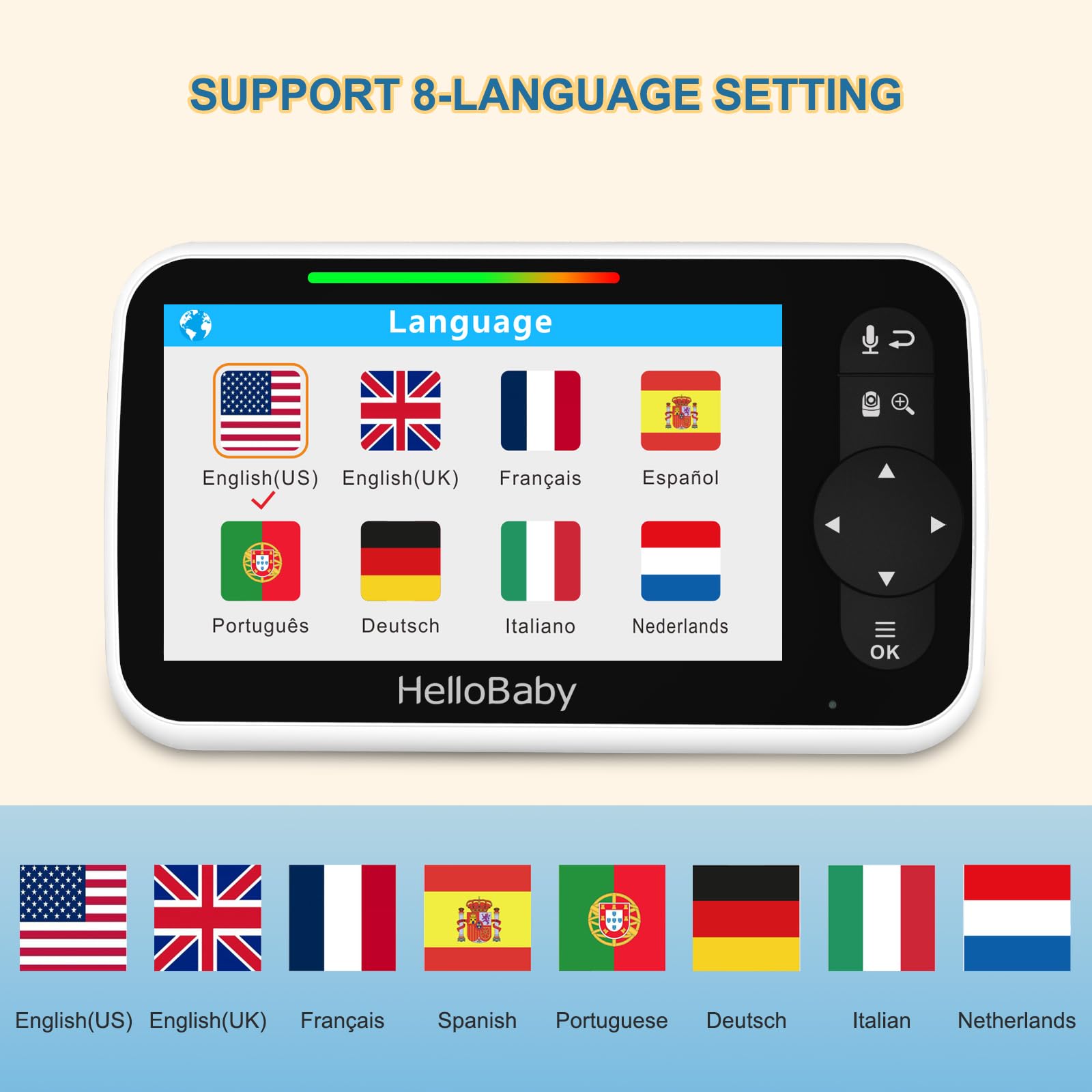 HelloBaby secure 2.4GHz connection icon indicating privacy.