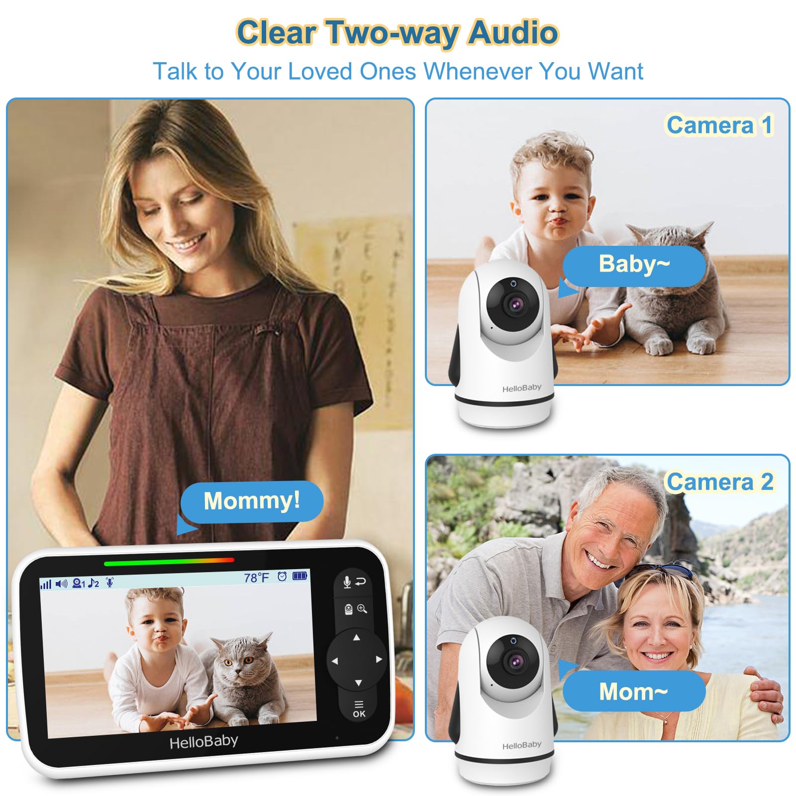 HelloBaby monitor offers 318° pan, 120° tilt, 2x zoom.