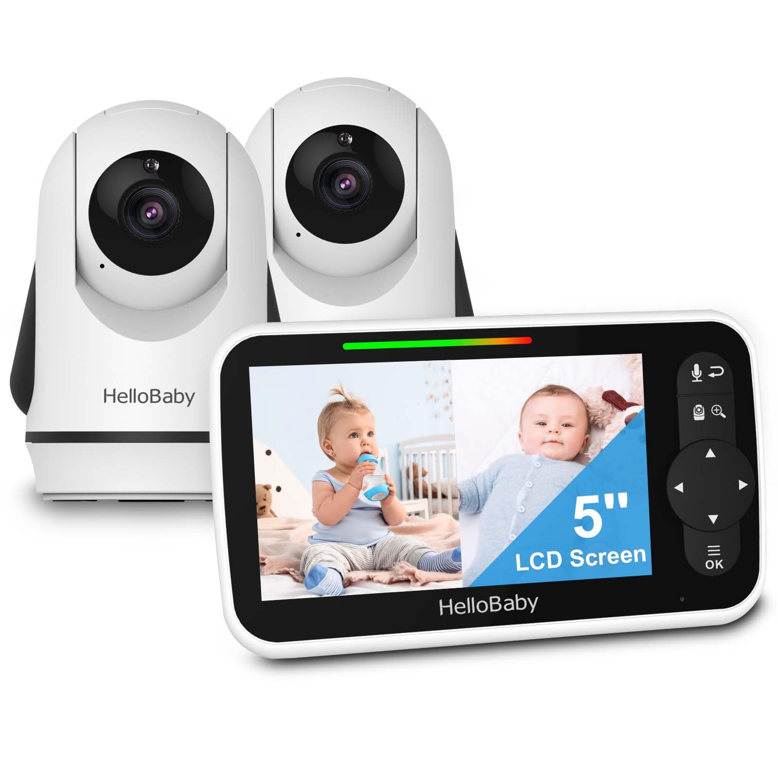 HelloBaby video monitor split-screen display shows two rooms at once for quick checks.