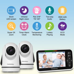 HelloBaby video monitor two cameras remote control enables angle adjustments.