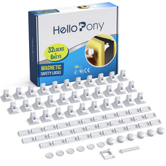HELLOPONY upgraded magnetic cabinet locks pack shown on a kitchen cabinet for child safety
