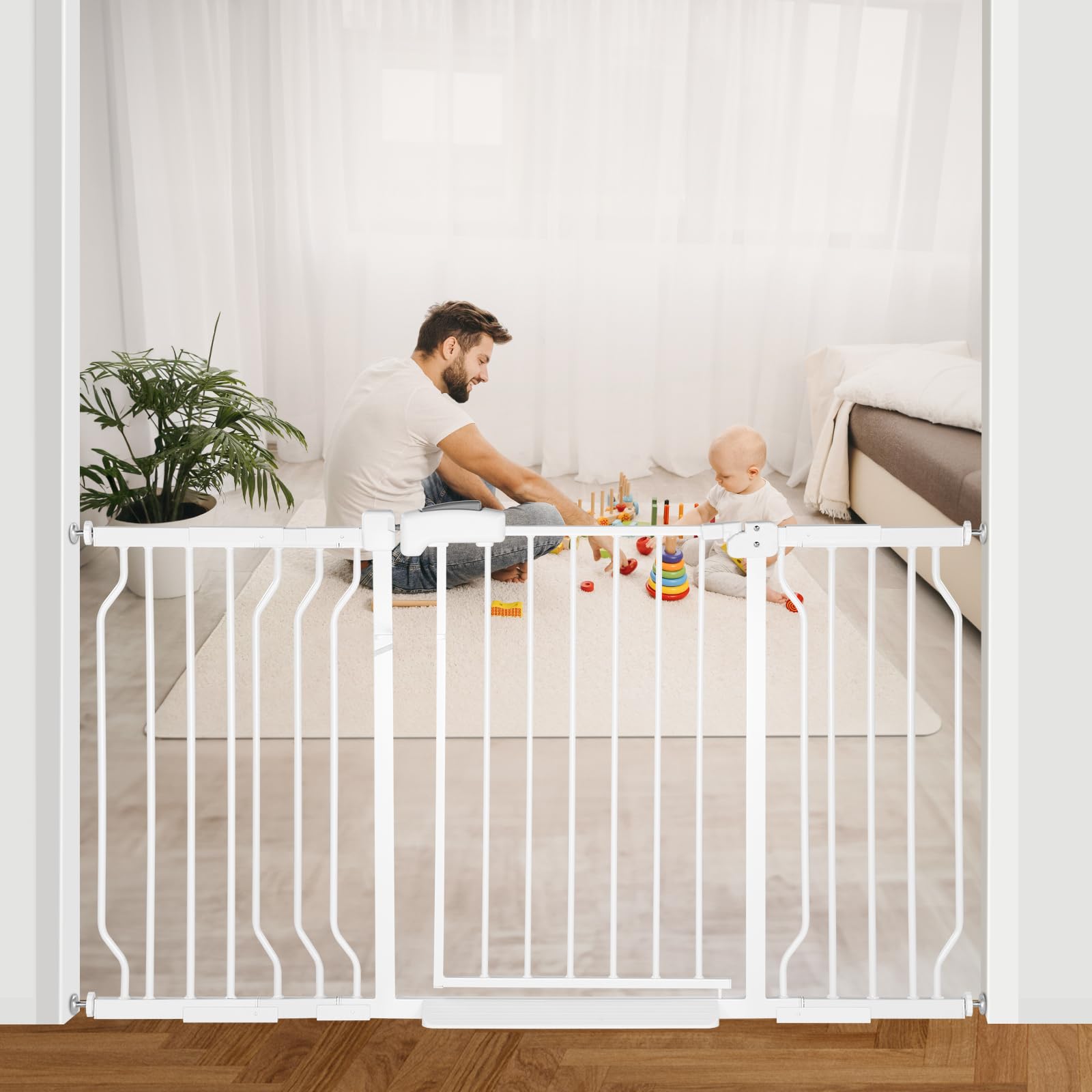 HEMRORO extra wide baby gate on stairs with walk through door for easy access.
