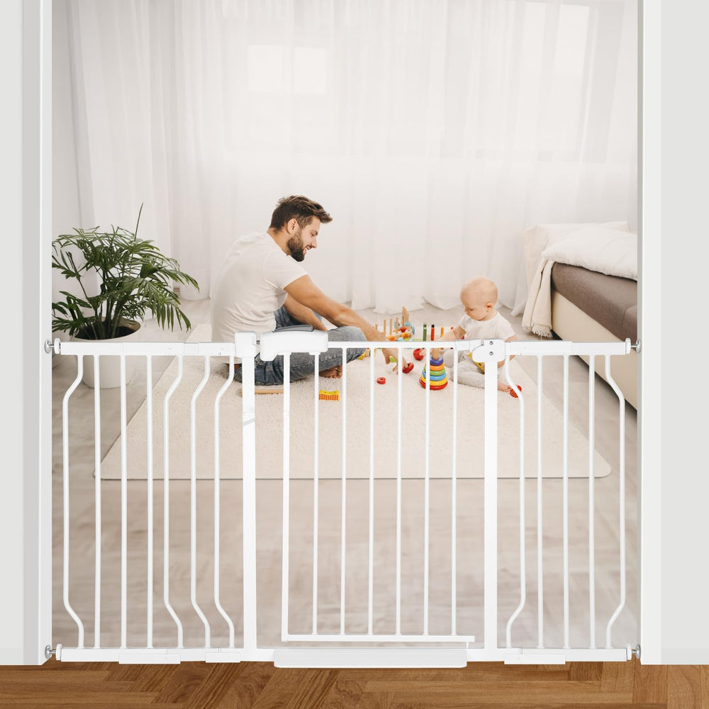 HEMRORO extra wide baby gate on stairs with walk through door for easy access.