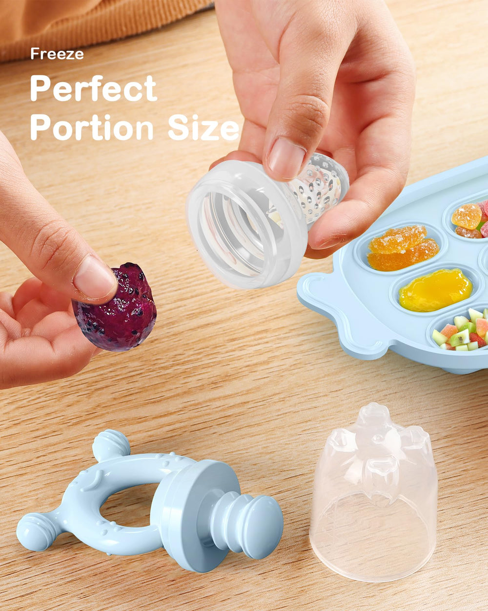 HEOMOONE ergonomic grip aids early self-feeding skills.