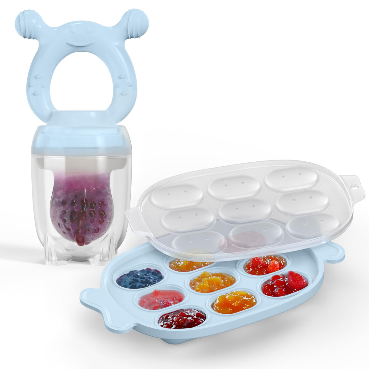HEOMOONE sky-blue silicone feeder in action, easy grip for self-feeding.