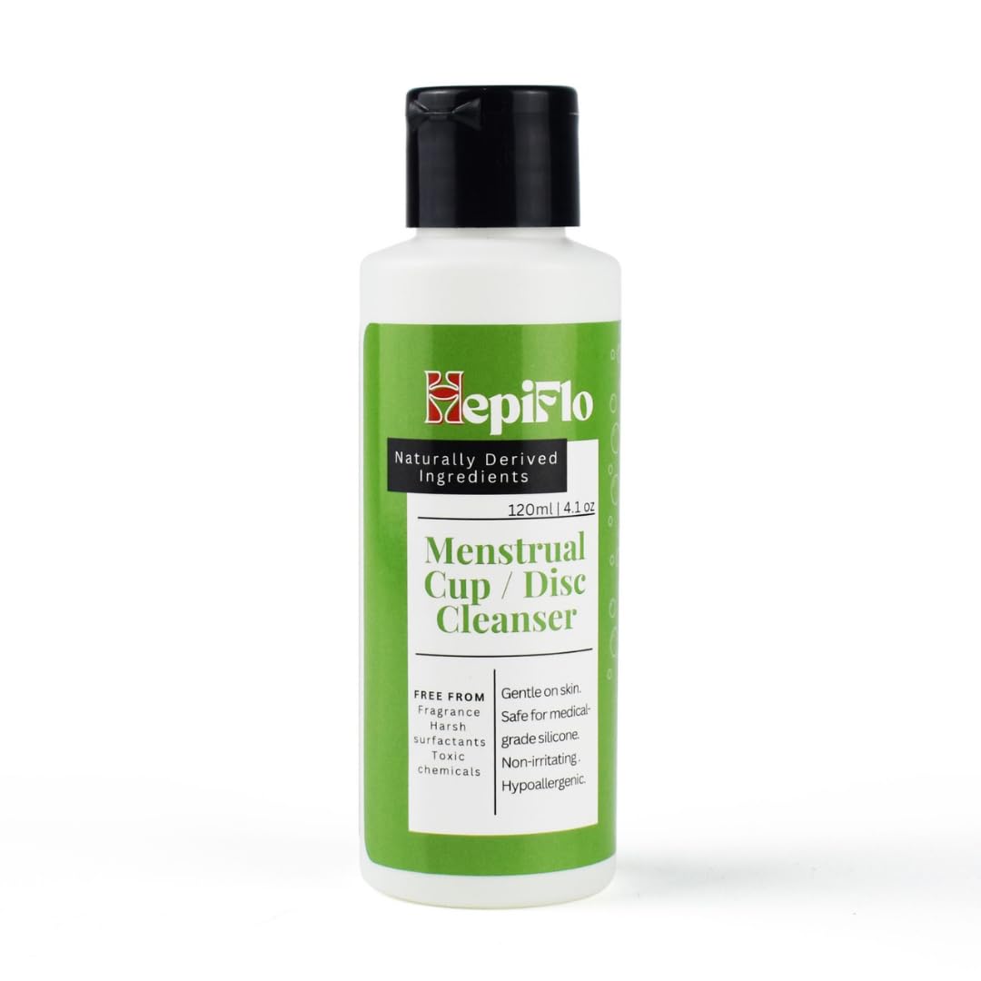 HepiFlo menstrual cleanser bottle pour shows easy application for gentle silicone care