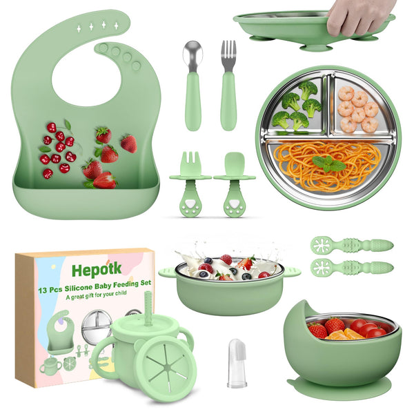 Hepotk 13-piece silicone feeding set with suction plate for mess-free meals.