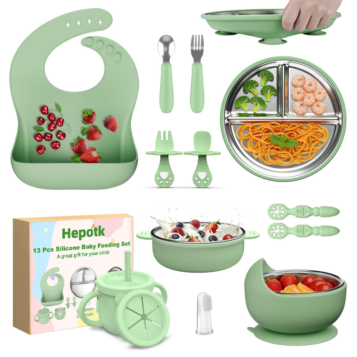 Hepotk 13-piece silicone feeding set with suction plate for mess-free meals.