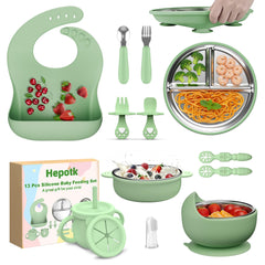 Hepotk 13-piece silicone feeding set with suction plate for mess-free meals.