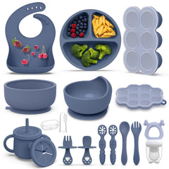 Hepotk 16-pack silicone baby feeding set blue with suction bowls for mess-free meals.