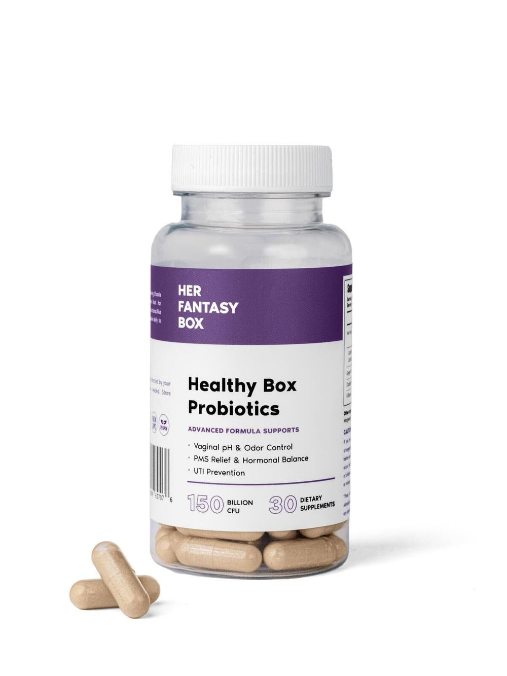 Her Fantasy Box bottle shows healthy box packaging supporting daily vaginal balance with probiotics for comfort