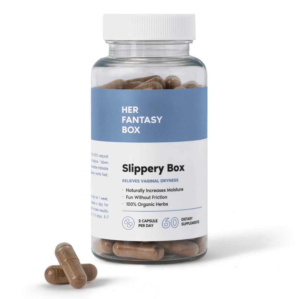 Her Fantasy Box Slippery Elm capsules bottle pour shows quick-acting moisture support
