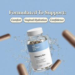 Her Fantasy Box Slippery Elm capsules closeup reveals vegan formula for daily use