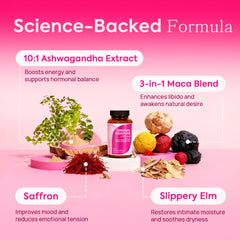 HerAuré ingredients label featuring Ashwagandha, Saffron, Damiana, and Shatavari for mood and energy.