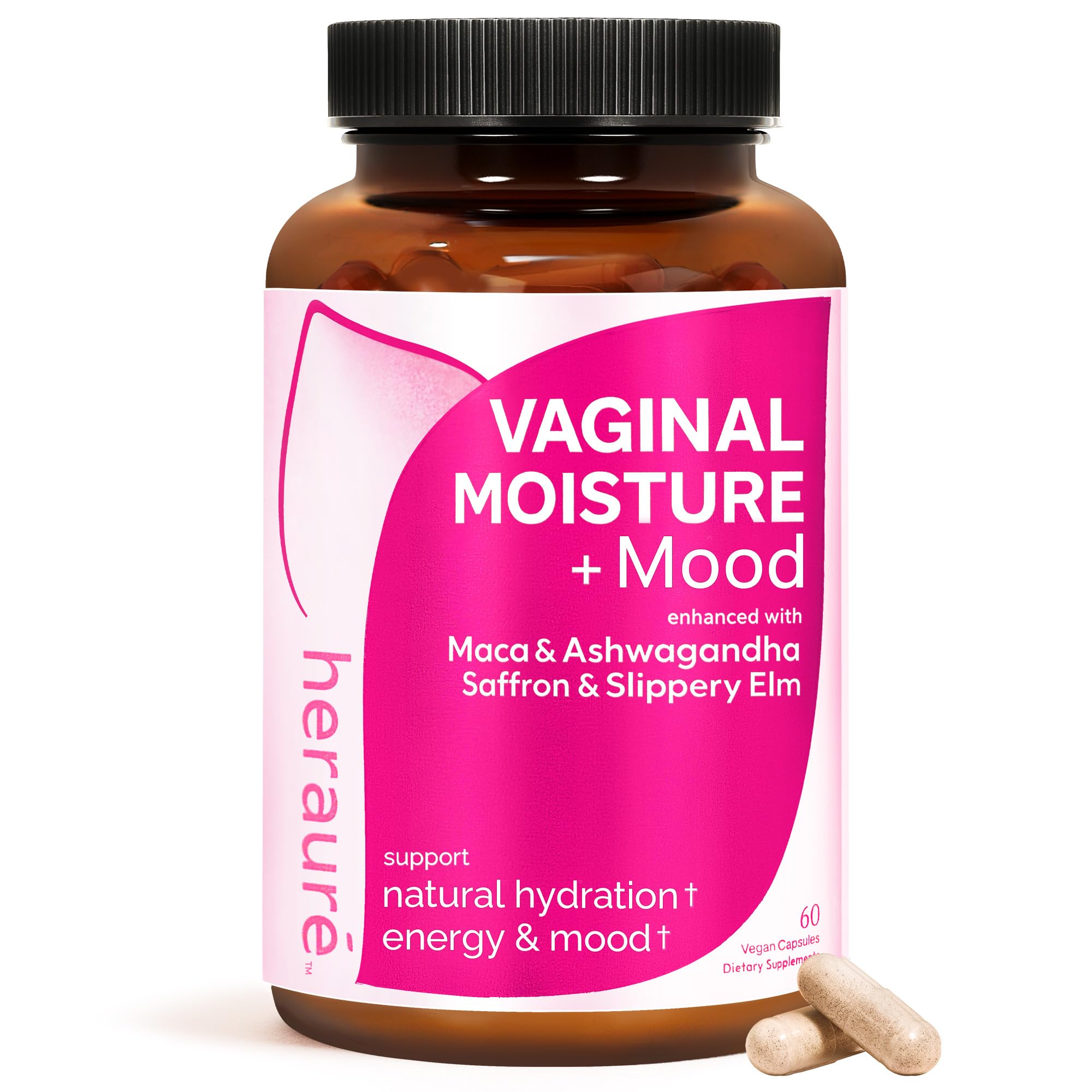HerAuré Vaginal Moisture & Libido Booster bottle shown for hydration and vitality support.
