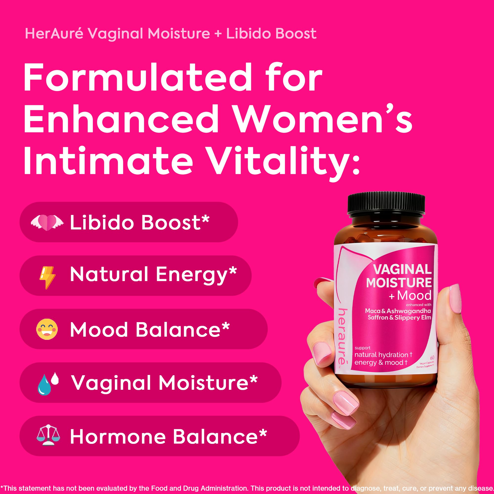 Close-up of HerAuré capsules highlighting an easy daily supplement.