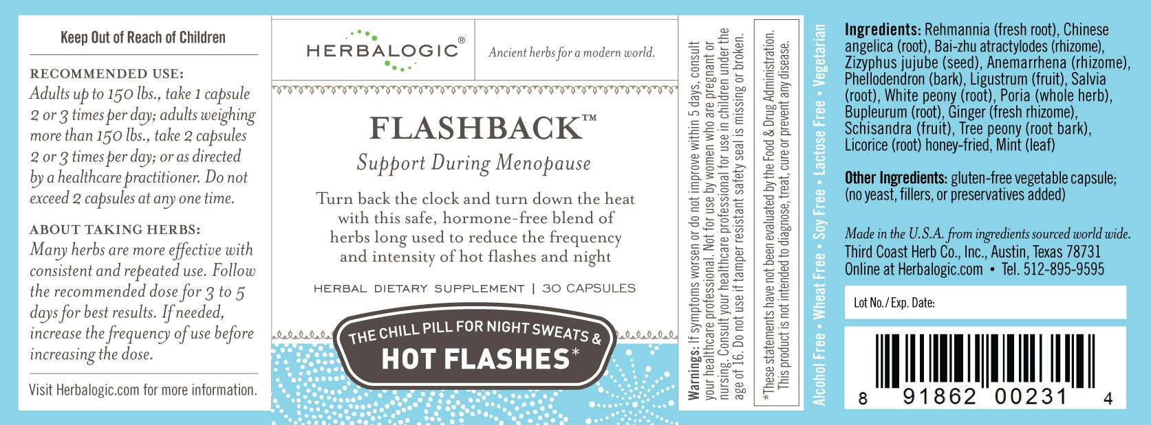 Herbalogic Flashback capsules with Dong Quai herb close-up.